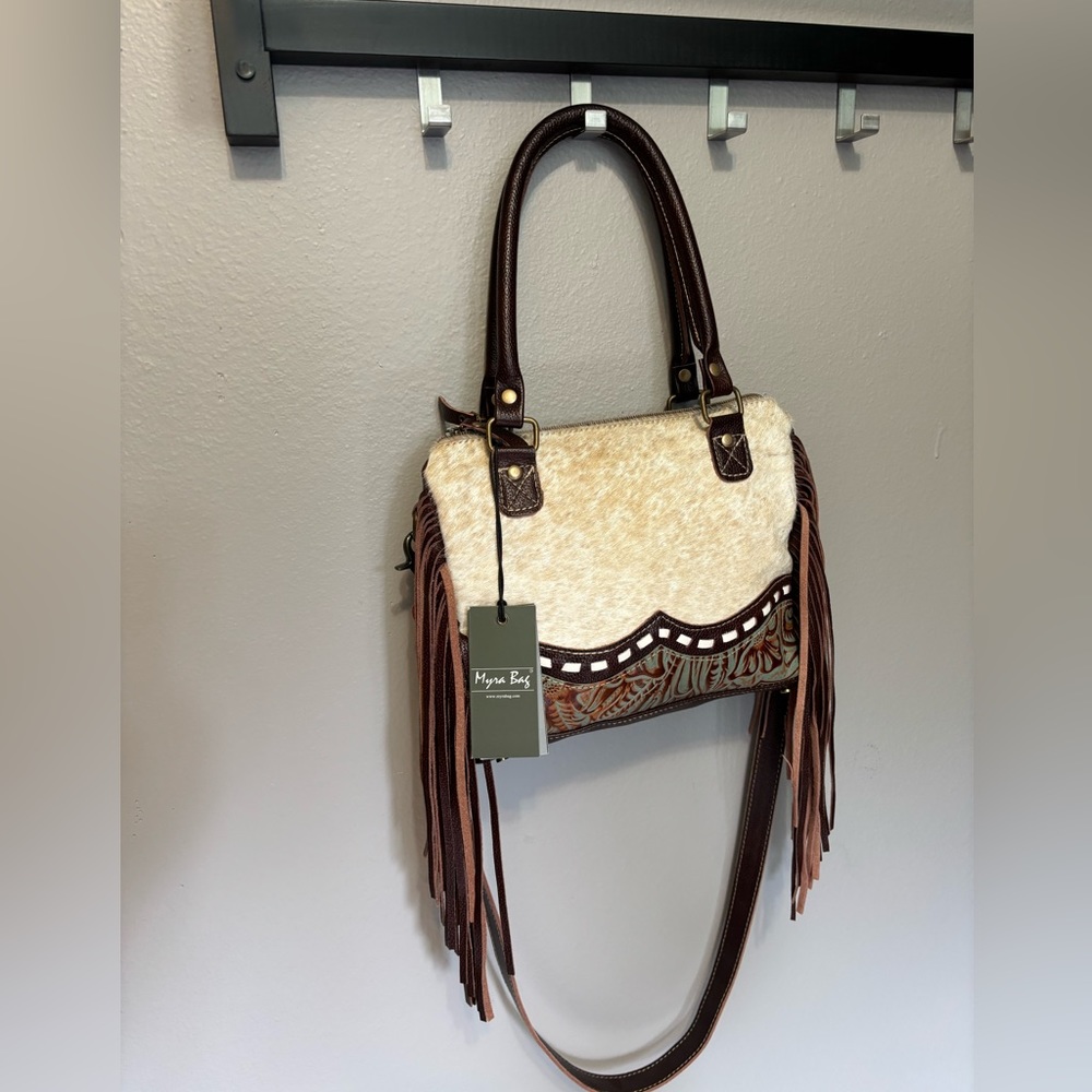 NWT. Myra Bag w Fringe- concealed carry compartment stamped leather & cowhide